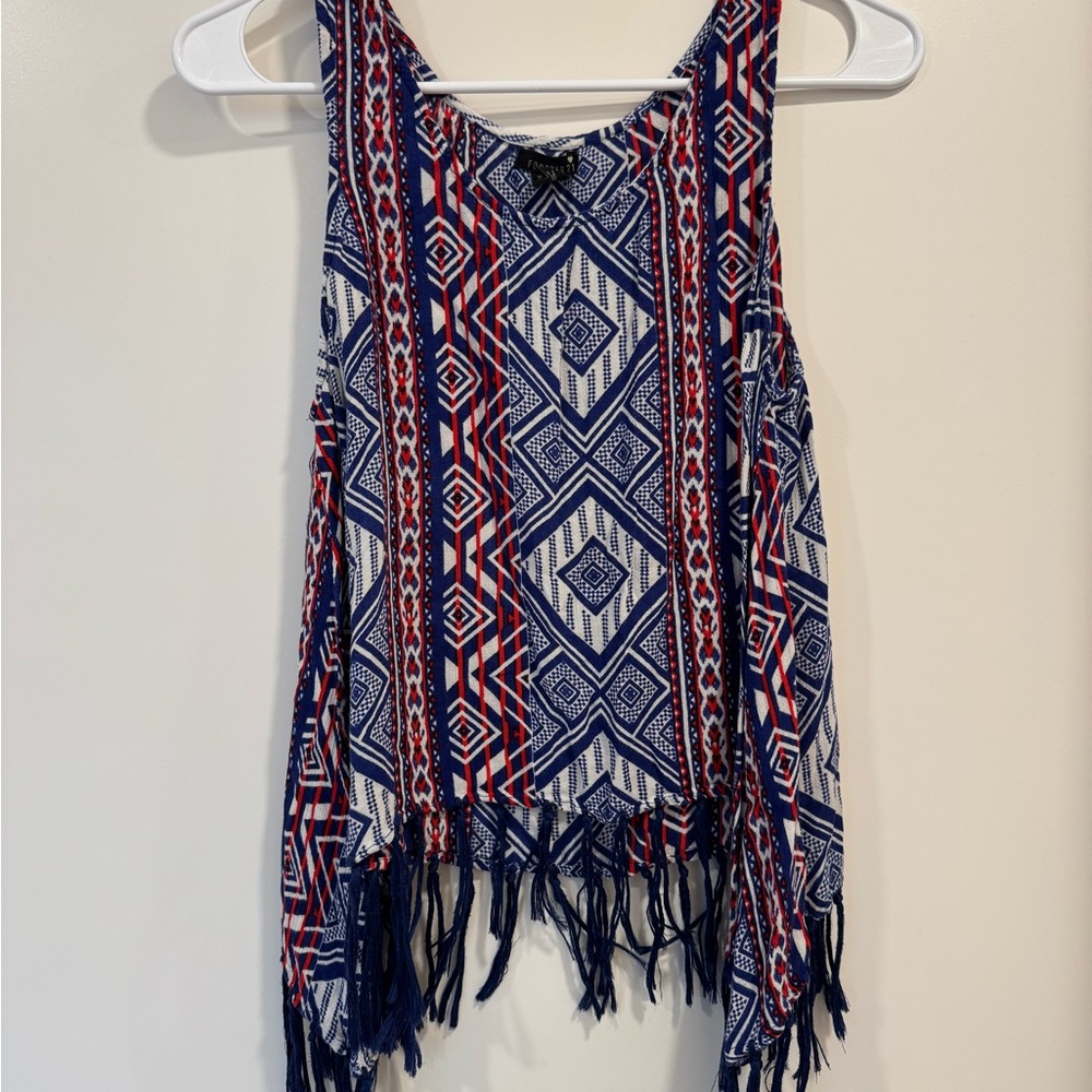 Forever 21 Geometric Fringe Tank Top - Blue and Red